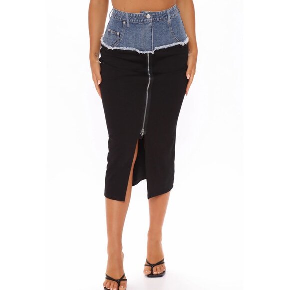 Have It Both Ways Black & Denim Contrast High‑Waist Zipper Midi Skirt Sz S - Picture 2 of 4